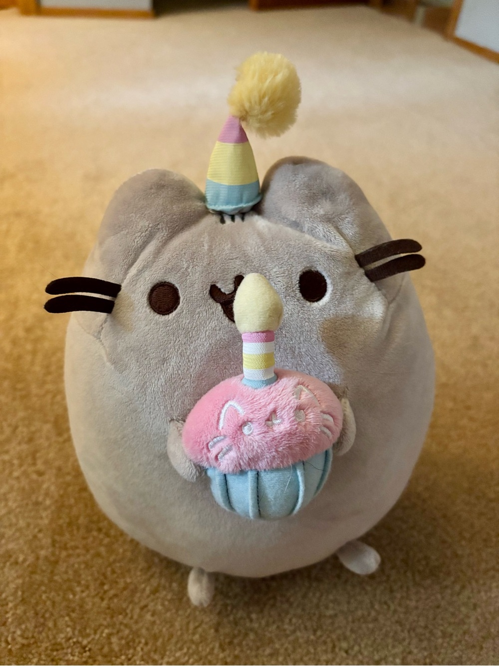 Pusheen Plush with Pink Cupcake and Pastel Party Hat